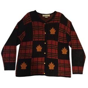 Crystal Kobe Cardigan Sweater Large Leaf Fall Autumn Gold Buttons Red Black